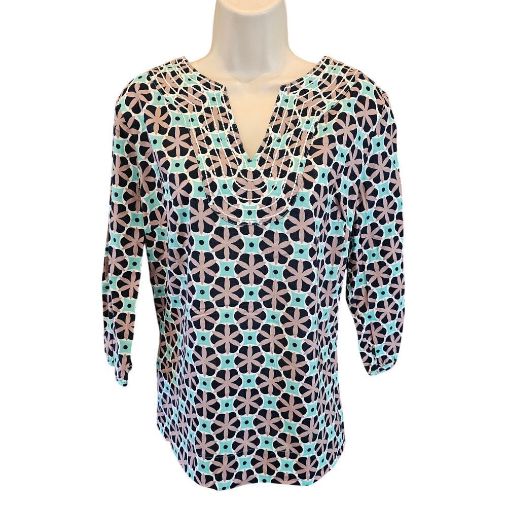 Boden sz 12 R lightweight Medallion geometric tunic teacher fun print top EUC
